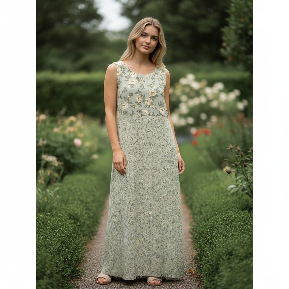 VTG Judith Hart Collection Sage Green Floral Maxi Dress Sleeveless Sz 16 Chiffon